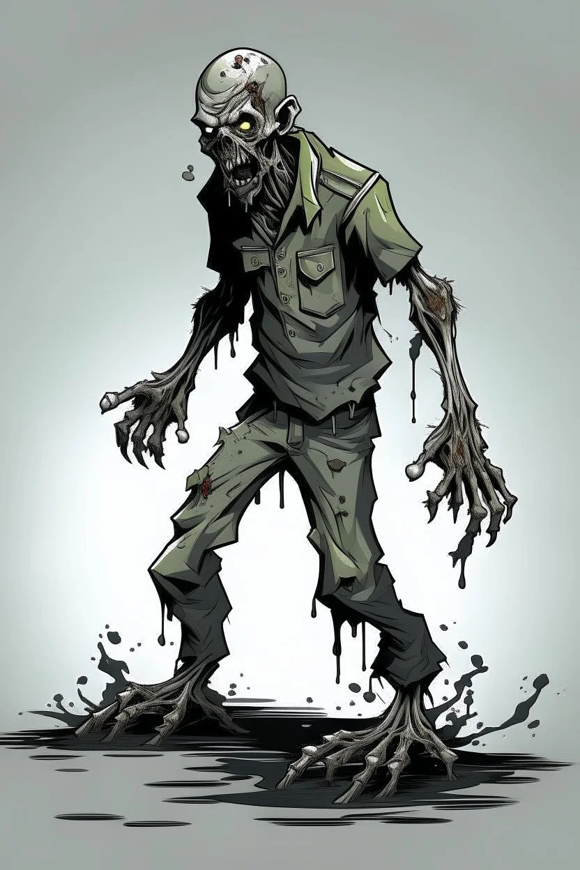 zombie, drooling black liquid, full body, attacking, profile ,comic book, post-apocalypse, gray background,