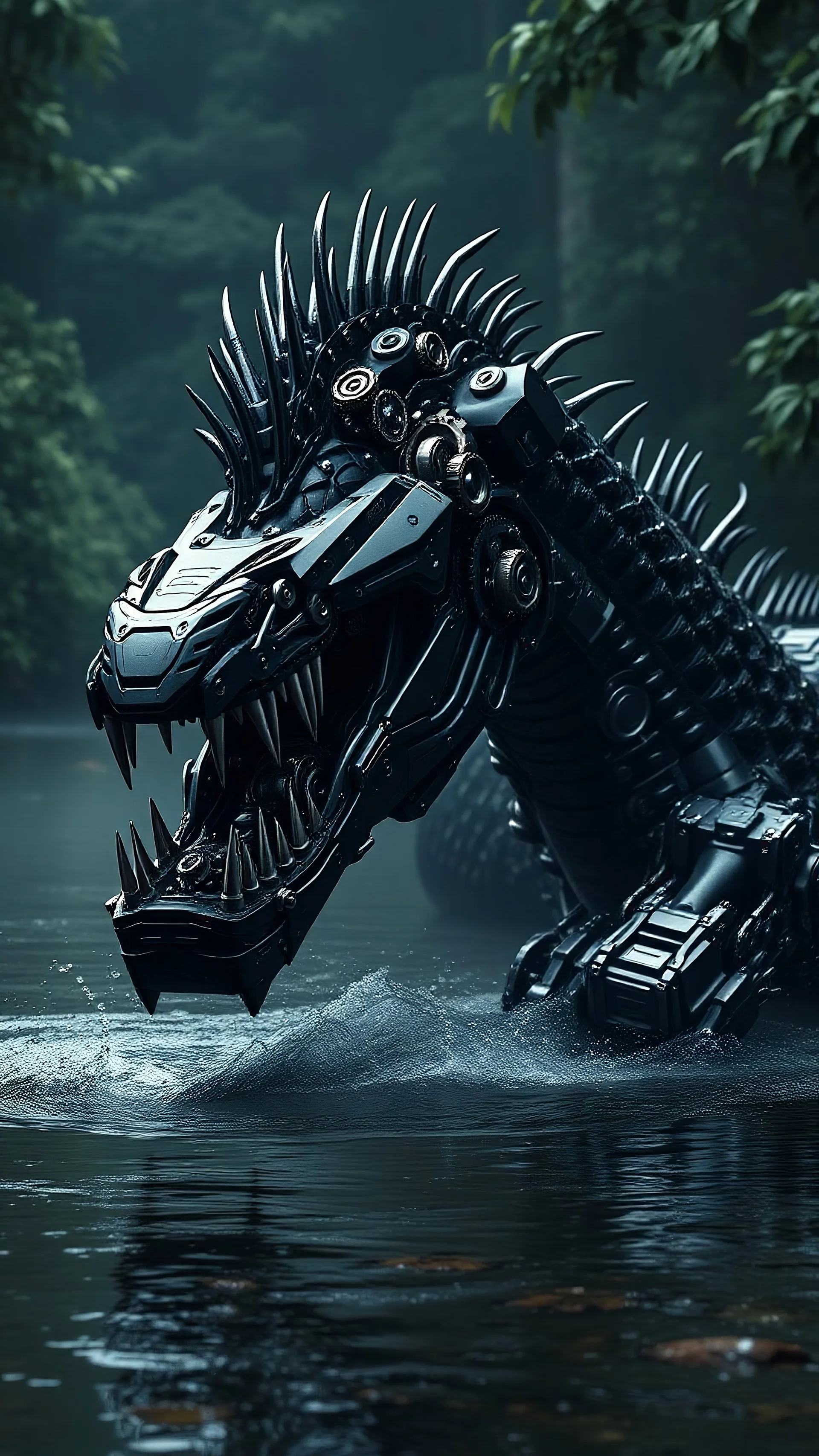 A dynamic perspective showcasing the fusion of organic and mechanical elements, depicting a fully robotic black mecha-anaconda. Its intricate mechanisms are driven by interlocking gears and complex mechanical teeth embedded throughout its massive frame. The anaconda's mane is ingeniously replaced with a rotating gear system, amplifying its cybernetic presence. With hyper-techno aesthetics, it prowls silently through the dense, mist-laden river, its reflective metal plating catching glimpses of b