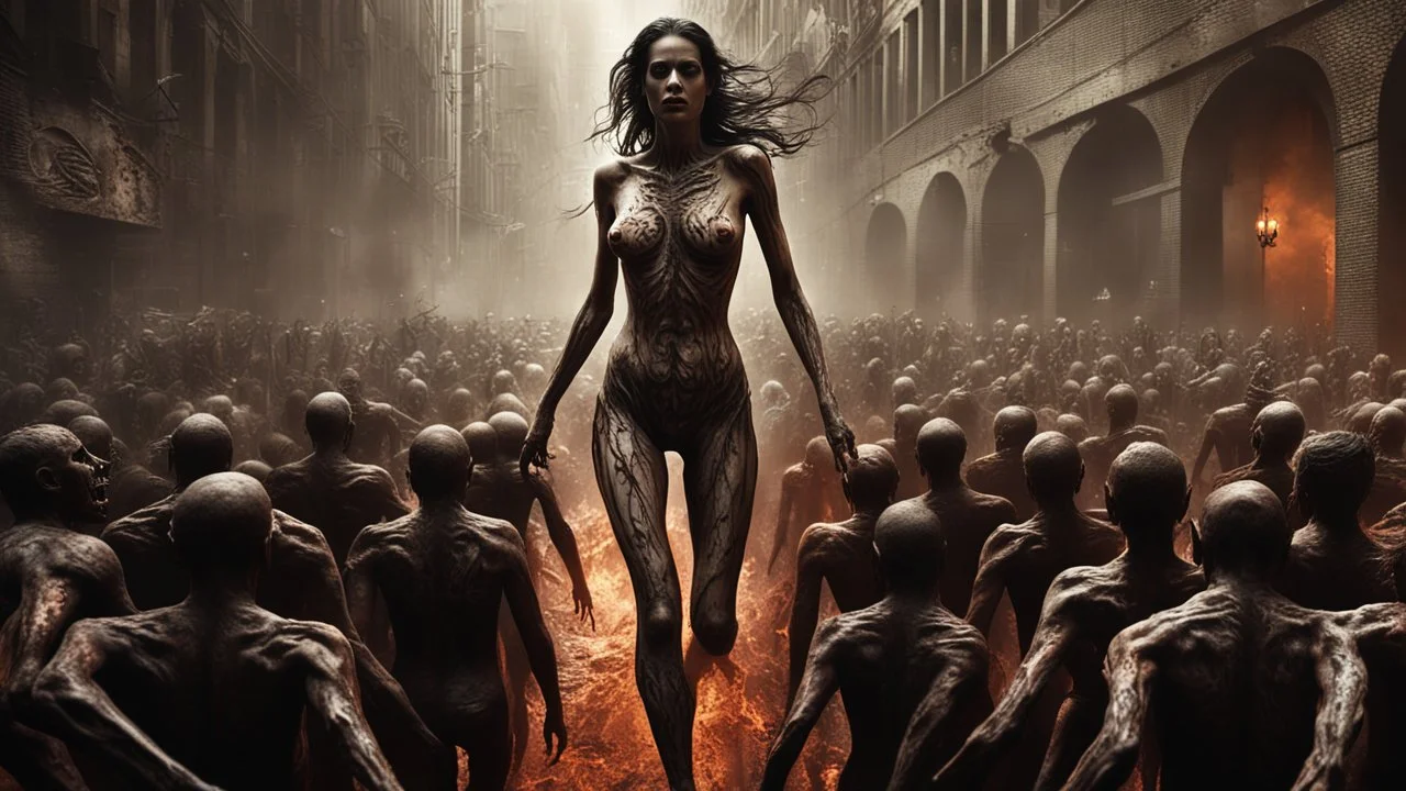 a horrifying female banshee leading an army of rotting zombies through burning city. the naked truth. fantasy setting. h.r. giger. armor melted into the skin. blood. intense horror. blind terror. scared to death. a masterpiece, fantasy concept art, dynamic lighting, hyperdetailed, intricately detailed, deep color, Unreal Engine, volumetric lighting, Epic cinematic brilliant stunning intricate meticulously detailed dramatic atmospheric maximalist digital matte painting