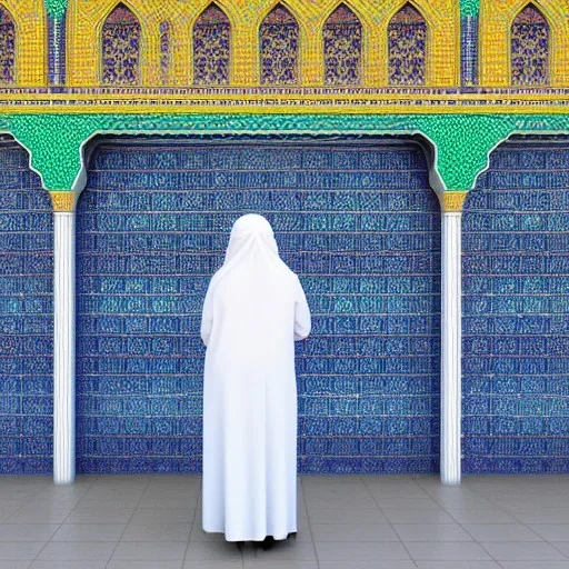 woman in flowing, white burka standing in front of a mosque with blue, green, gold mosaic walls, profile, wide-angle lens, full-body, panoramic, high-quality, fine-detail, intricate, ornate, volumetric lighting, 8k resolution, haunting, powerful, photo-realistic, 3d render, photo-quality, high-quality