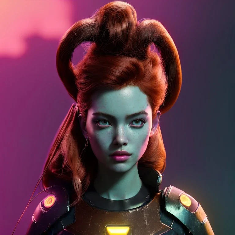 Pretty cyber woman, redhair, sci-fi, rounded face, black, gold, brown, samurai style, retro, simetric, neon style, a lot of led lights, fog, rain, leather coat, vibrant color, highly detailed, art stations, concept art, smooth, unreal engine 5, god rays, ray tracing, RTX, lumen lighting, ultra detail, volumetric lighting, 3d, finely drawn, high definition, high resolution.