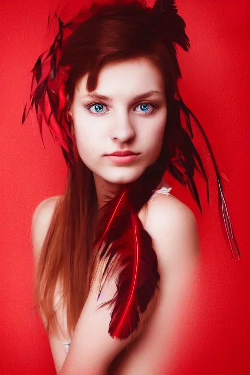 A beautiful portrait of a young German woman, red color scheme, high key lighting, volumetric light high details with white stripes and feathers