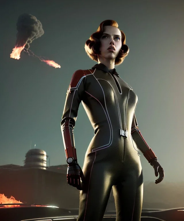 retro sci-fi portrait image from 1960, supermarket parking explosion, fire, classic black widow, young Scarlett Johansson, classic black tight lycra latex suit, retro superhero style, soft color, highly detailed, unreal engine 5, ray tracing, RTX, lumen lighting, ultra detail, volumetric lighting, 3d, finely drawn, high definition, high resolution.