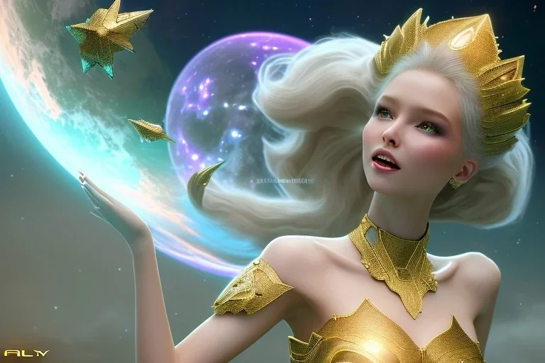  beautiful cosmic woman, nice smiling, magic glamour make up, delicate colors, beautiful glamour galactique dress, ultra sharp focus, 8k, unreal engine 5, extremely sharp detail, light effect, soft light atmosphere of a spaceship, smooth, full of details, face in front, complete vision of face and hair and body