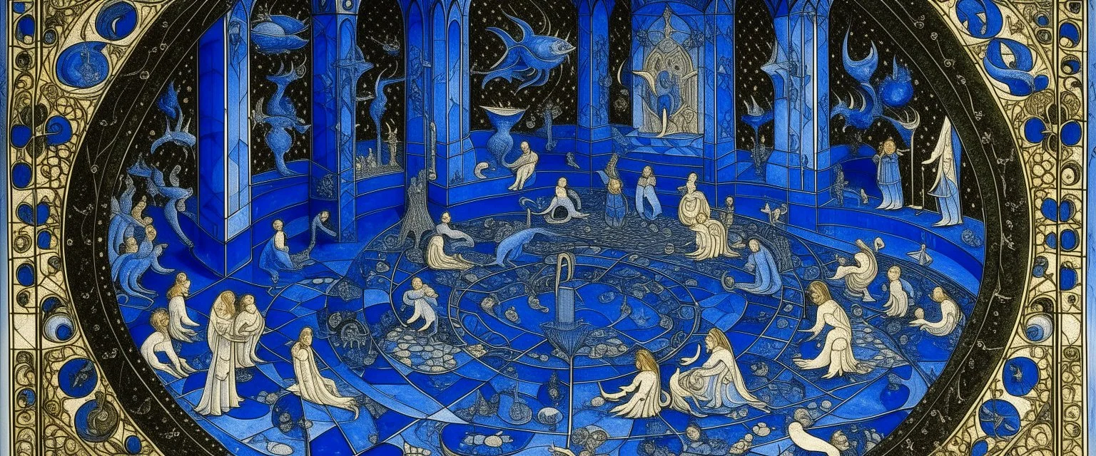 A dark blue chaotic realm with pixies designed in ancient Roman mosaics painted by the Limbourg brothers