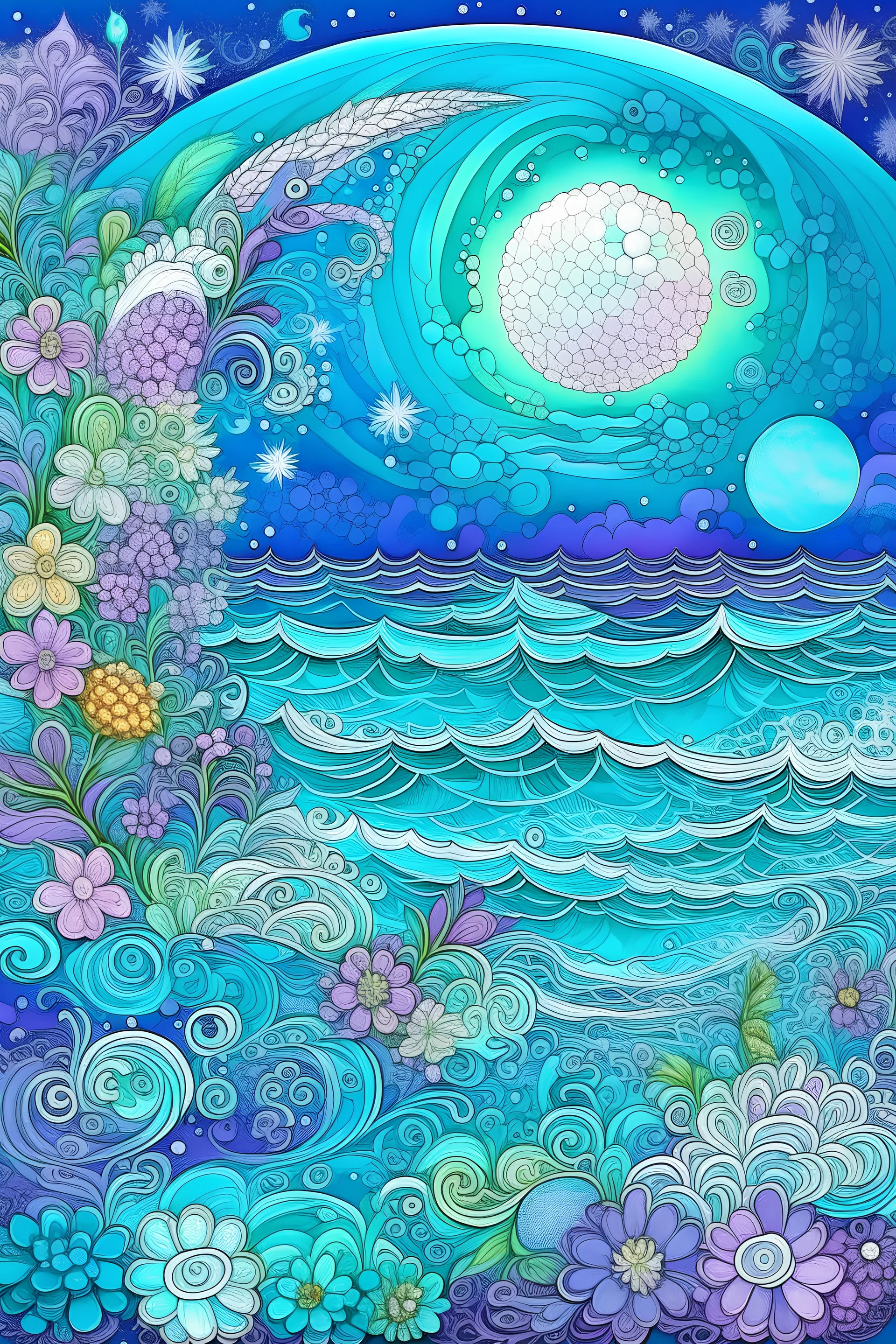 in the lilac-turquoise sea, waves in the sky beautiful rainbow flowers spiral patterns sparkling zentangle vortices, mother-of-pearl clouds, moon