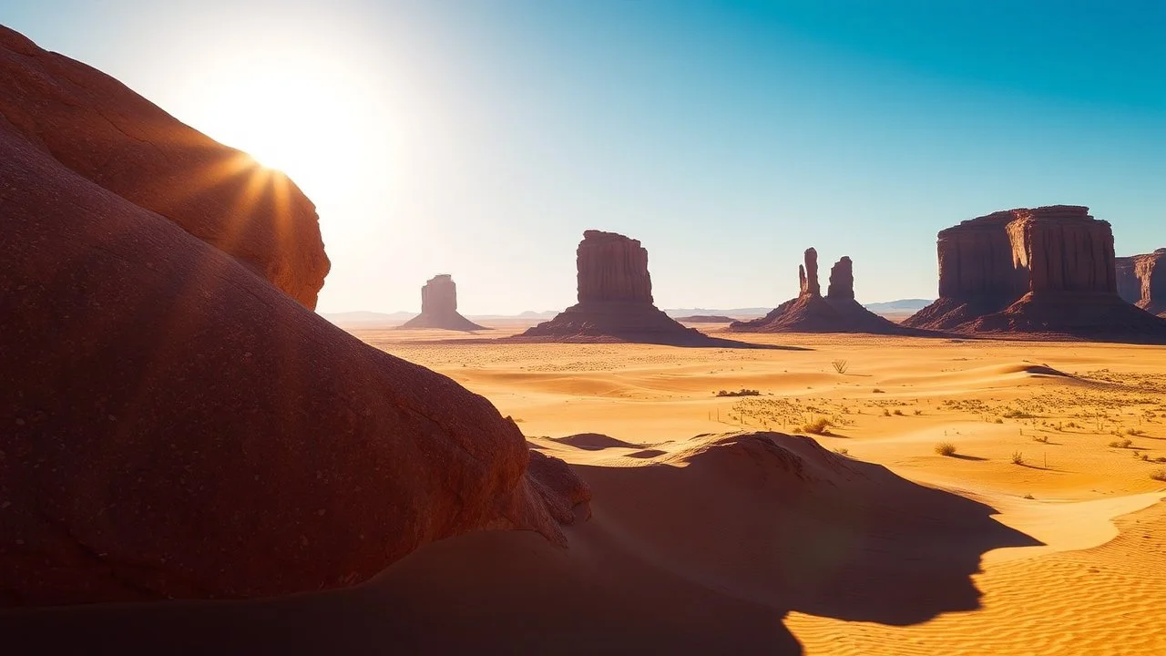 The foreground is dominated by a massive, sunlit rock formation that casts a deep shadow across the sandy terrain. The rock's surface is textured, with reddish-brown hues accentuated by the sunlight. In the distance, a series of tall, slender sandstone monoliths rise from the desert floor, adding a sense of depth and perspective to the scene. The arid landscape is bathed in the warm hues of sand, while the sky is clear, brilliant blue, devoid of clouds, suggesting ornate, dry weather. The high c