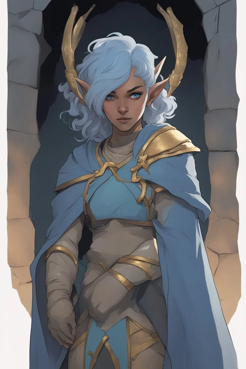 Dnd character in a cave. A female Elf twilight cleric with curly, short, blue hair and golden eyes, wearing gray and blue robes. Etheral, muscular, strong.