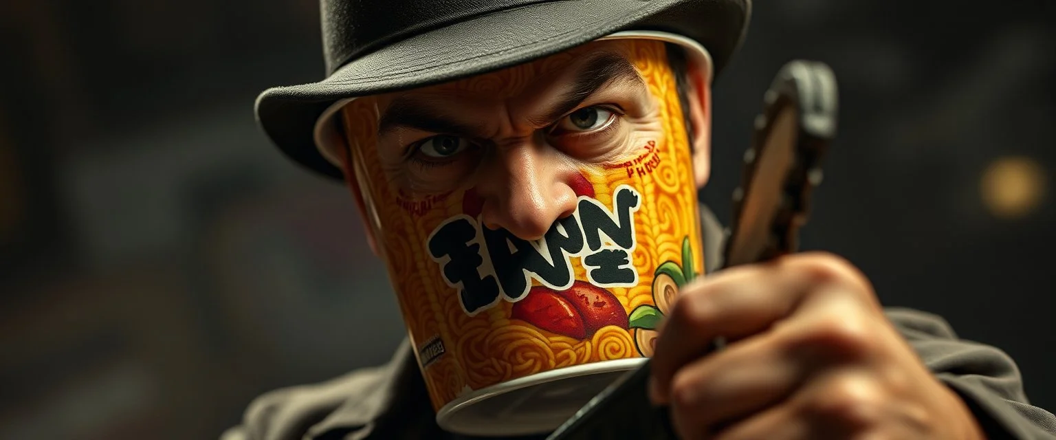 close up portrait of a ramen bucket that looks like a chain saw wielded by serious angry law man, in cinema