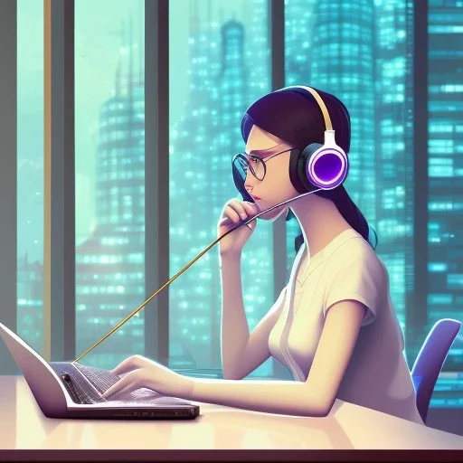 a side view of a beautiful girl sitting on her desktop writing something, headphones on, hand on her chin, nightlamp, digital art, anime, studio ghibli style, window and city background, portrait