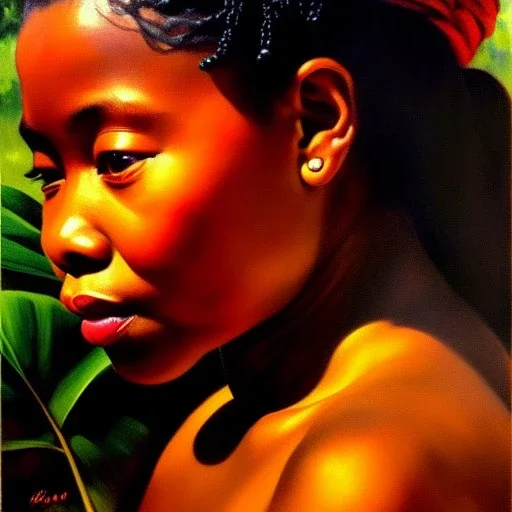 Drawing of 'woman from Pygmies tribe',sweet stare,painting by Earl Norem, simon Bisley,frazetta,西嘛哒, evan lee, Vallejo,kelly,Paul Gauguin oil on canvas, cinematic composition, extreme detail,fit full head inside picture,8k