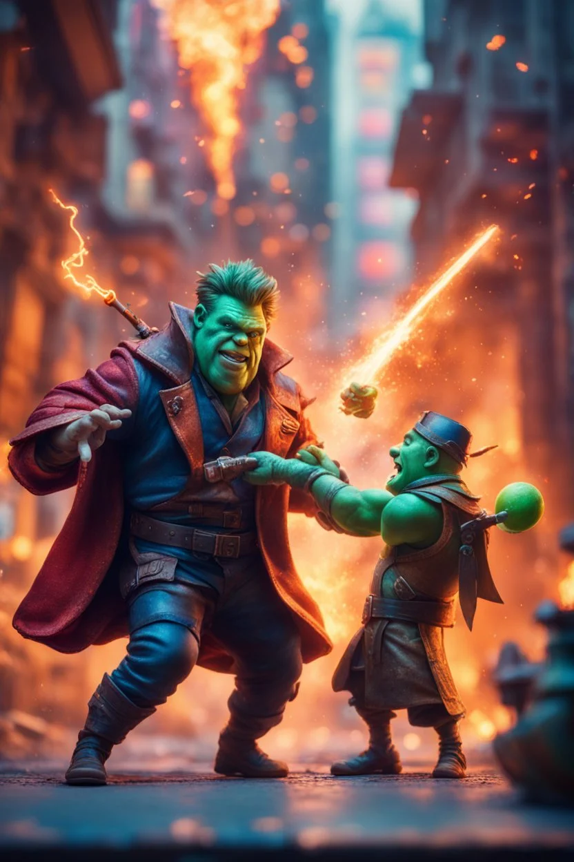 pen outline portrait of rad mad starlord magician smashing juggler thief master casting magic missile spell on big ogre by neon wall , prize winning oil painting,bokeh like f/0.8, tilt-shift lens 8k, high detail, smooth render, down-light, unreal engine