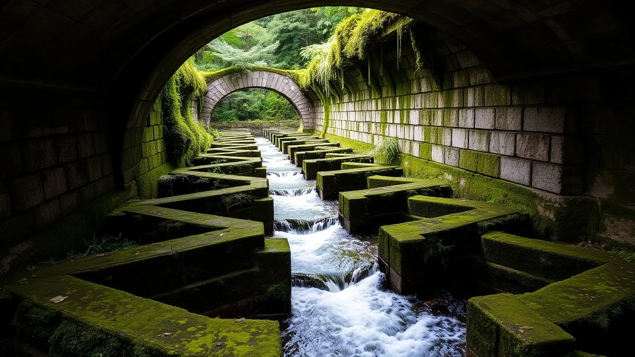 Water flowing through a series of geometric stone channels in an ancient Roman aqueduct, overgrown with moss and ferns in a dense forest.