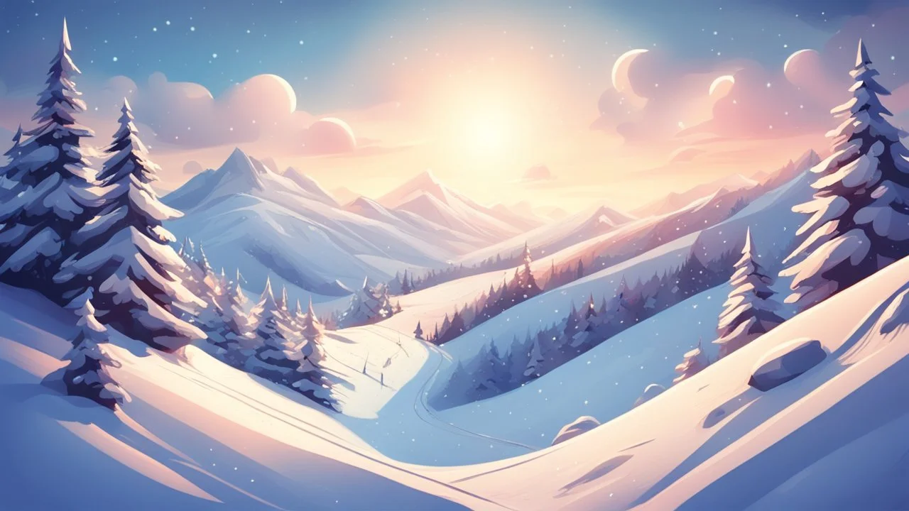 Fantasy cartoon style: view down the ski slope from the top of the hill, snow is sparkling