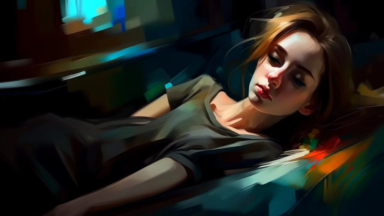 digital painting, A clothed female figure lying on her side, with a pained expression on her face. The background is blurred and appears to be a dimly lit interior space, bold and slim lines, brush strokes