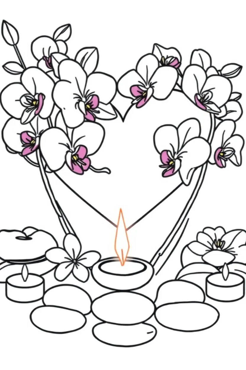 outline art for visually rich appealing heart ikebana orchids plumeria spa rounded stones around candles, coloring page for kids, white background, fit to page, only use outline, clean line art, no shadows, clear and well outlined