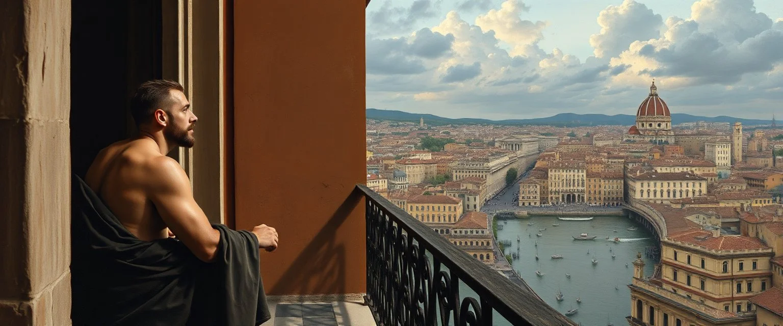 man is watching the city from the balcony painted by Caravaggio