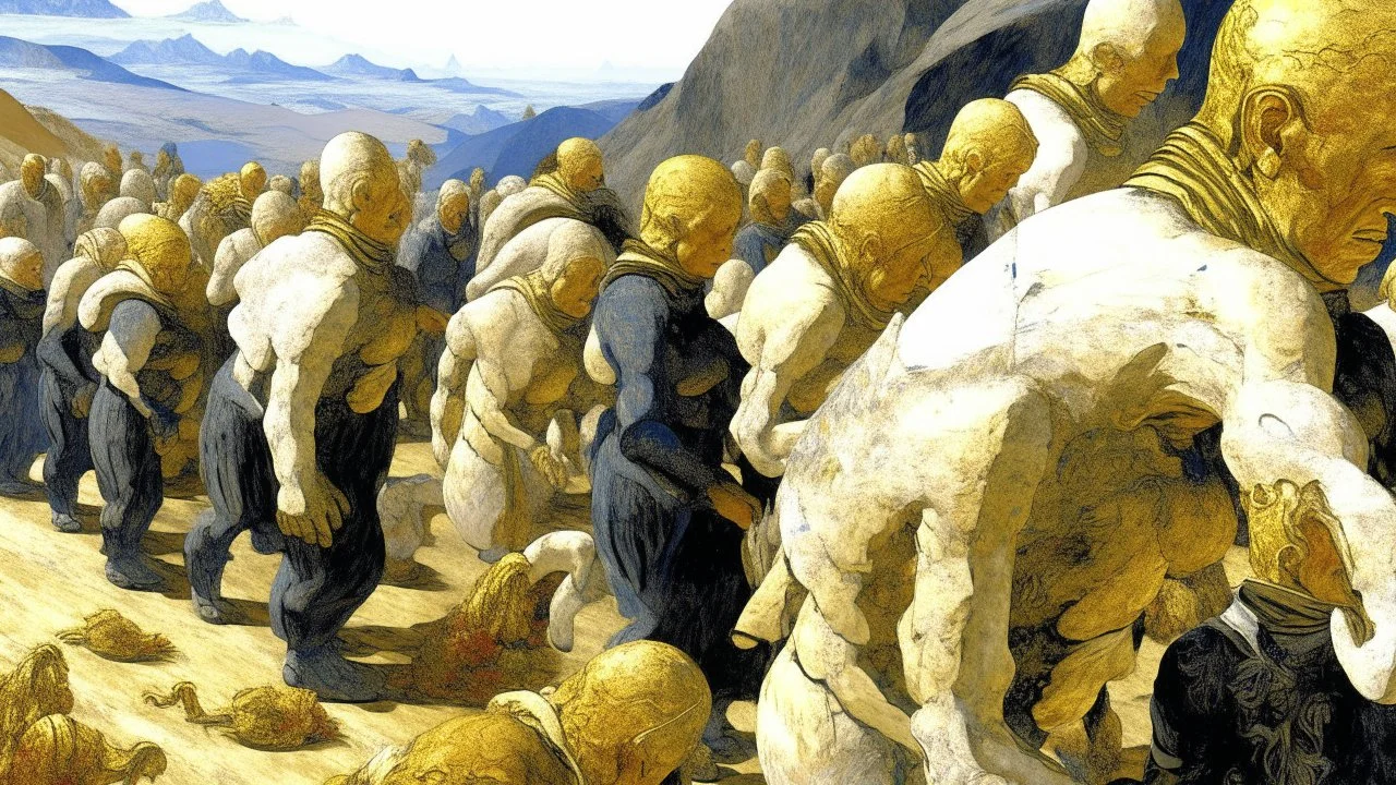 A group of white humanoid figures with large heads and distorted bodies engaged in various activities on a golden, textured landscape with mountains in the background