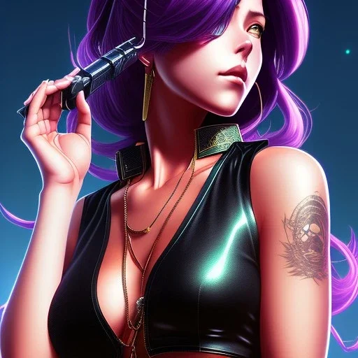 revy black lagoon, purple hair, black tank top, jean shorts, tribal sleeve left arm, portrait shinkai makoto, studio ghibli, studio key, madhouse anime studio, artgerm, lau rossdraws james jean marc simonetti pixiv