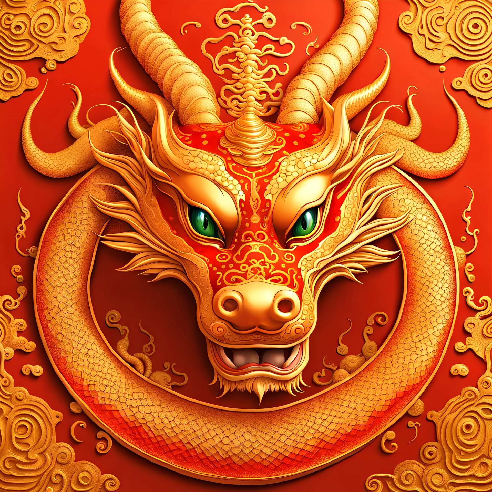 A beautiful painting of Chinese dragon portrait in red and gold canvas, filled with a unique oriental ornaments, patterns, dots and colors, in Antonio Gaudi style, Miki Asai Macro photography, close-up, hyper detailed, trending on artstation, sharp focus, studio photo, intricate details, highly detailed, by greg rutkowski, Gustav Klimt