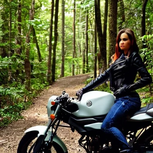 Very attractive woman sitting on a motorcycle. The bike is Yamaha. In the background is a forest.