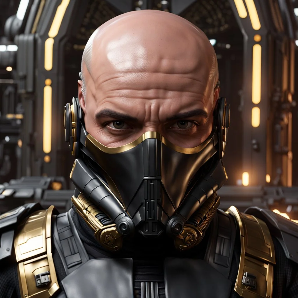 star wars bald male corellian pilot wearing pearlescent black and gunmetal grey First Order special forces heavy assault stealth commando armor and helmet with gold trim inside the jedi temple, hyperdetailed, dynamic lighting, hyperdetailed background, 8k resolution, volumetric lighting, light skin, fully symmetric details