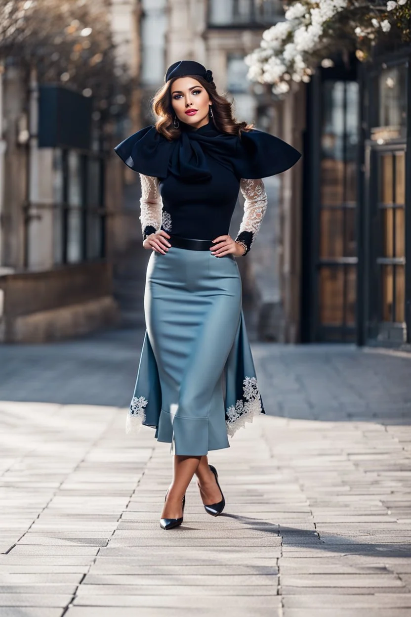 full body of very beautiful girl midi skirt and blouse , curvy hair with small cap and lace scarf ,standing idle happy pose in studio pretty makeup