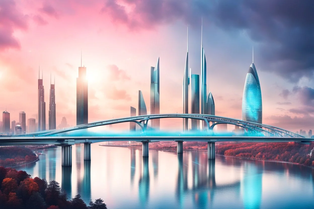 Dreamlike Skyline of Downtown futuristic hightech city in 4050 and a stunning futuristic Bridge During. dark grey and black clouds , storm, dark azur color river, cold colors, come storm, rain, high detalied, sci-fi, landscape