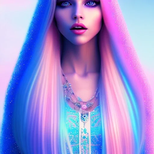 beautiful, soft, smiling face, whole head, long straight blonde hair blues eyes, crown on the head, clothing in transparent bluish and pink veil, background brillante bluish and pink, hight definition, 8K