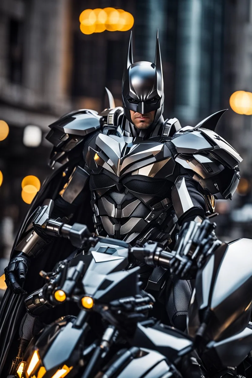 Excited Photography A picture cyber mechines Batman,with surface coated chrome polished details, city background