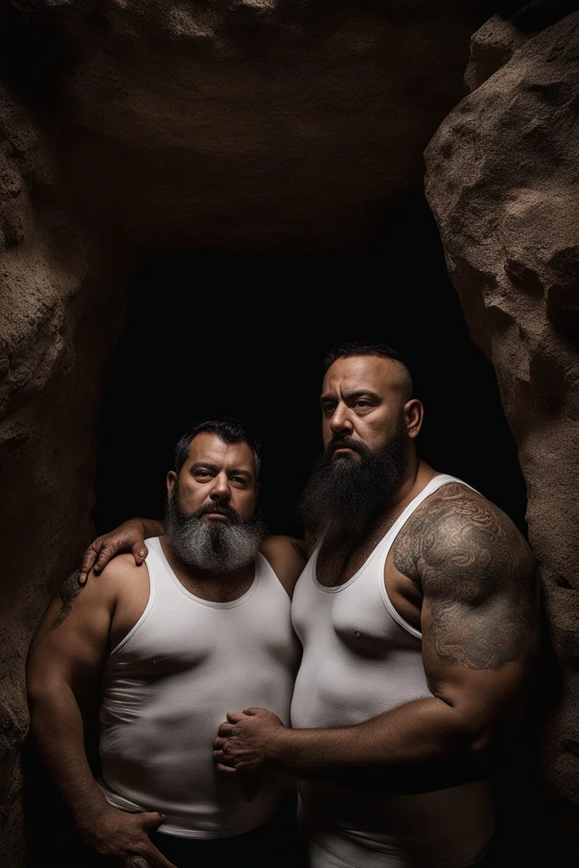 full figure shot photography of two chubby stocky arabs prisoners embraced close, 43 years old in white boxer and dirty tank top, short hair, beard, hairy, sweat, tattoo, in a dark cave, ugly, bullneck, muscular, manly chest, manly arms, emotive eyes, photorealistic, ultradetailed, 32k, ambient occlusion, lit by bonfire, misery and poverty, side view from below