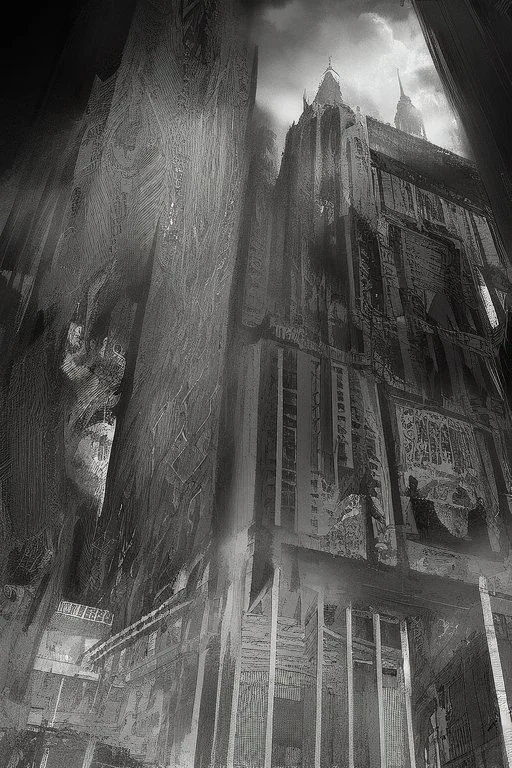 surrealis monochrome A fragmented, surreal sculpture liguid color of photorealistic image 3d,psychedelic art glossy emerging from devilish a crumbling empire state building. The face appear and intricate details, evoking a haunting expression. set against a backdrop of stormy, cloud-filled skies. bauhaus art The overall tone is dark and moody, suggesting themes of decay and transformation.