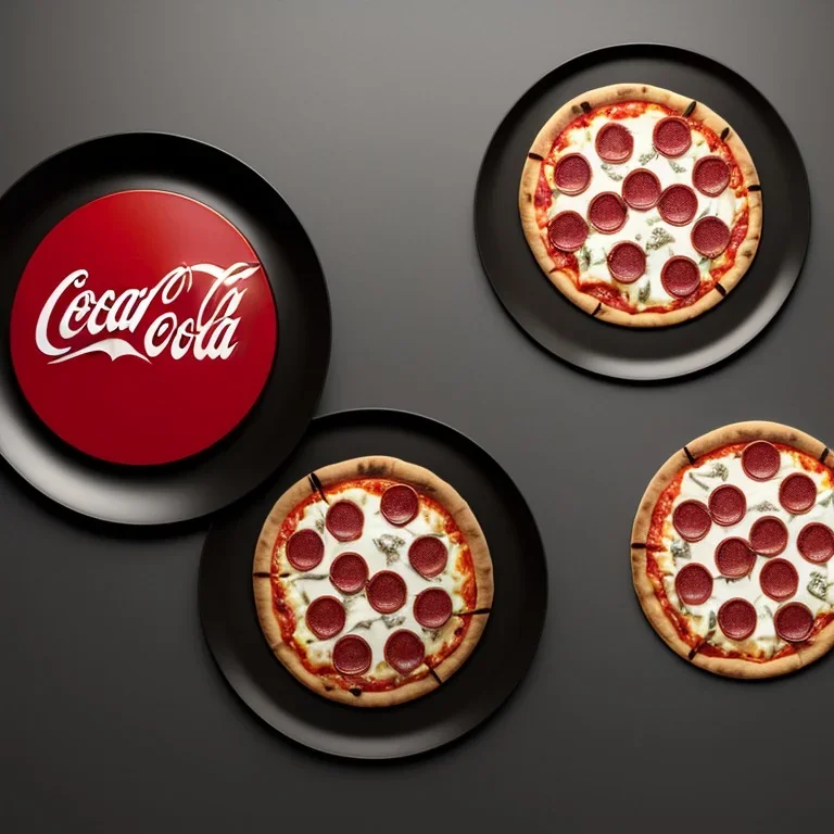 pizza on plate, coca cola glass, black background