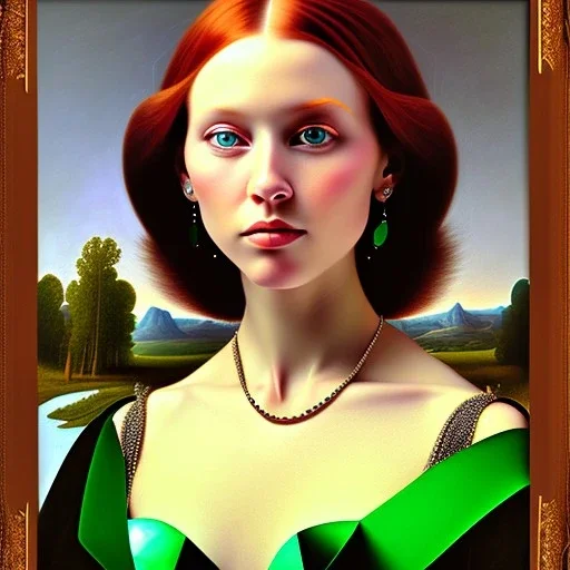 oil Portrait of a redhead beautiful busty voluptous adult woman with emeralds necklace with big green sad eyes looking to viewer by GRANT WOOD Ingres 8k