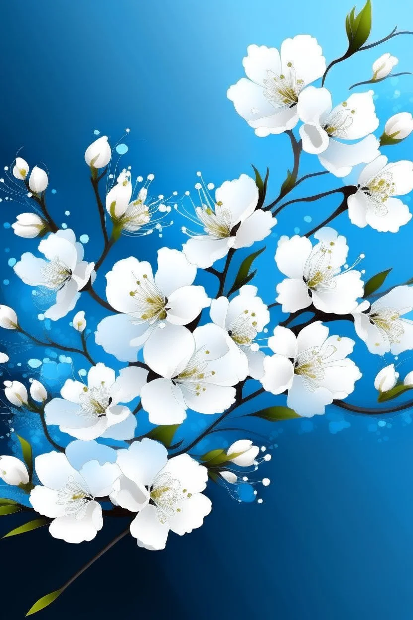 White cherry blossom digital art with blue background