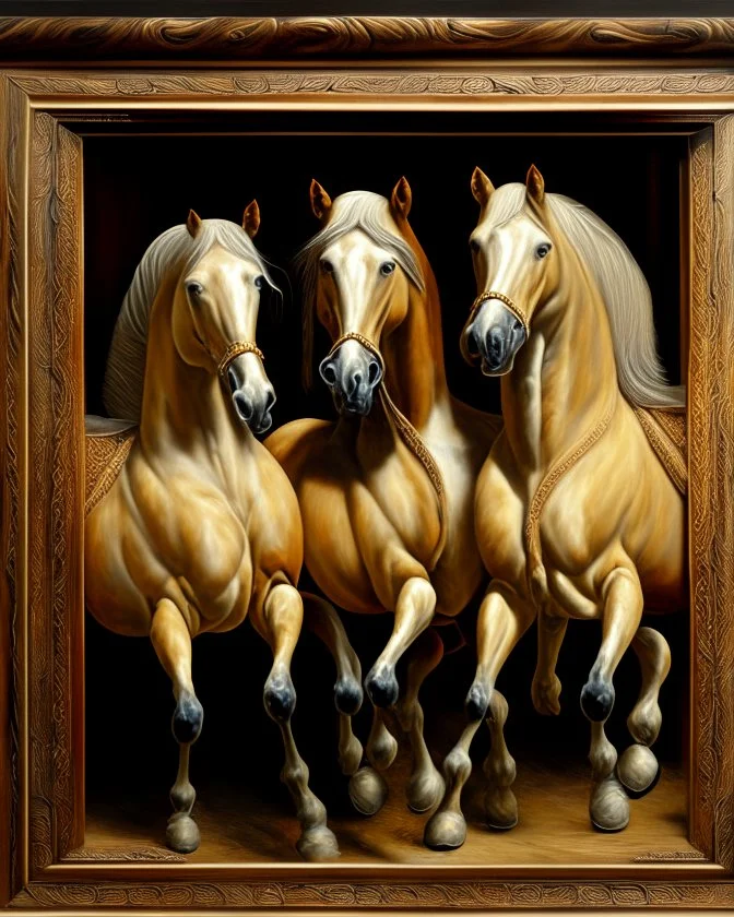 Tres Caballos Palomino cuerpo completo obra de arte hiperredetallado arte renacentista pintura al oleo 8k marco del cuadro tallado en madera