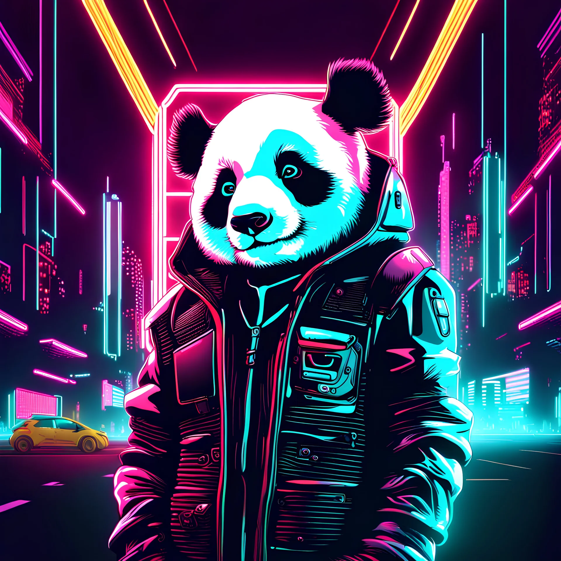 a portait of a panda, cyberpunk, neon lights, neon signs