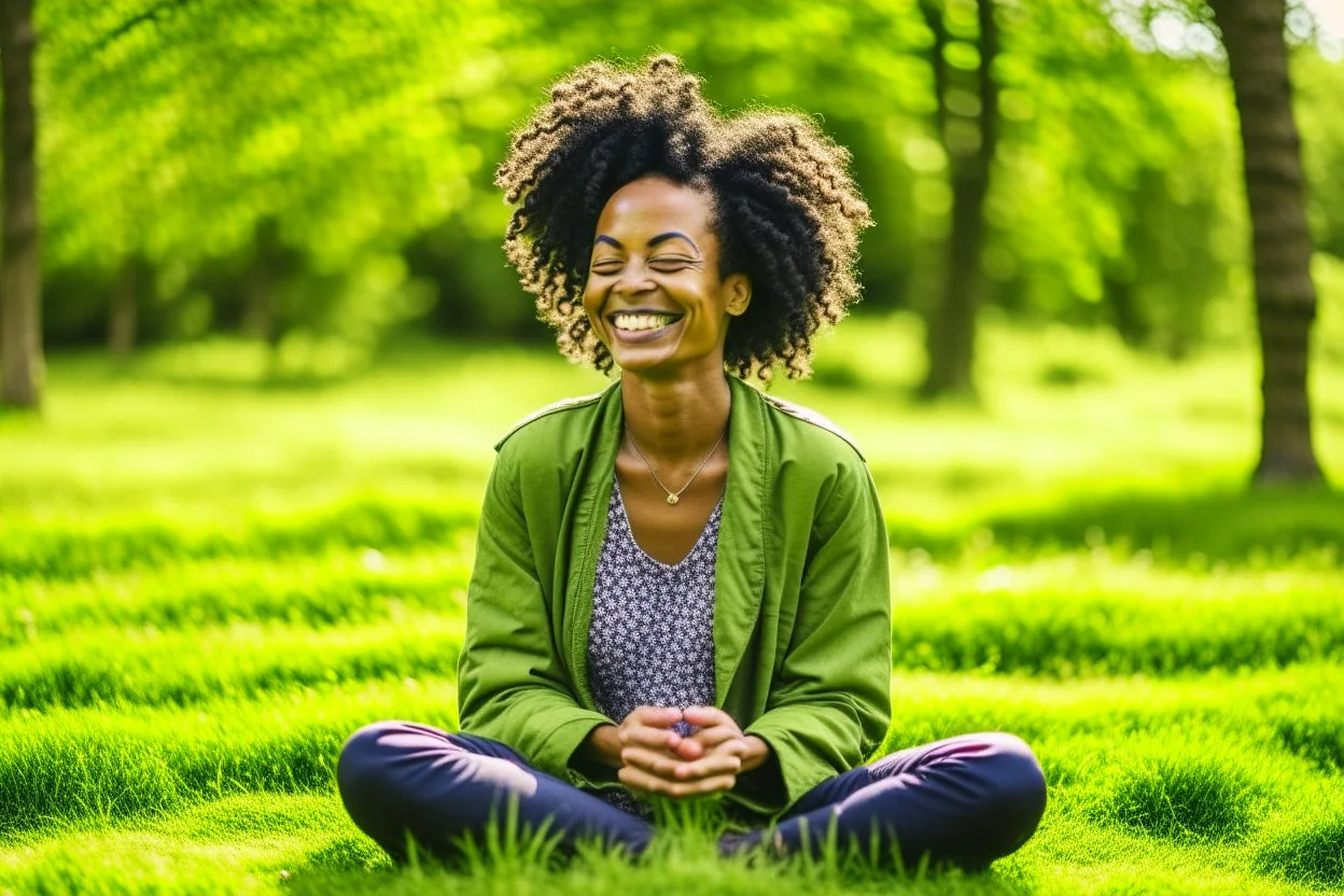 "A person smiles and feels contentment and serenity while practicing meditation in nature. They may be sitting on the grass or by a tranquil lake, placing their hands on their knees, and blissfully closing their eyes."