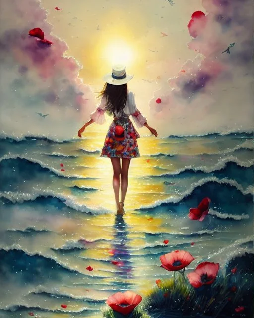 woman floating in ocean sky, heavenly sunshine beams divine bright soft focus holy in the clouds