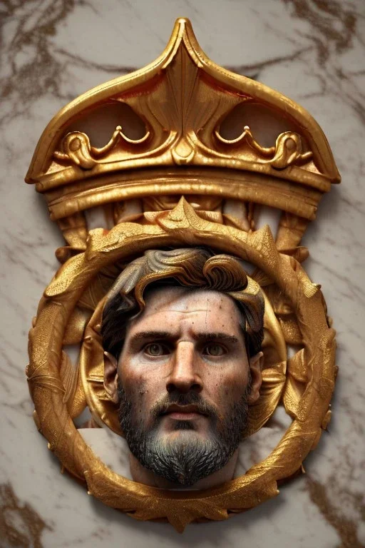 Ultra Realistic image, Roman sculpture, white marble material, Lionel Messi, gold Laurel leaves wreath, renaissance ornaments, one gold star in heart, sun ornament, sun rays background, chisel style, waist up portrait, emperor style, epic, celestial, cinematic lighting, God light, god rays, 4k resolution, smooth details, ornate details, soft lighting, unreal engine 5, art station, substance 3d.