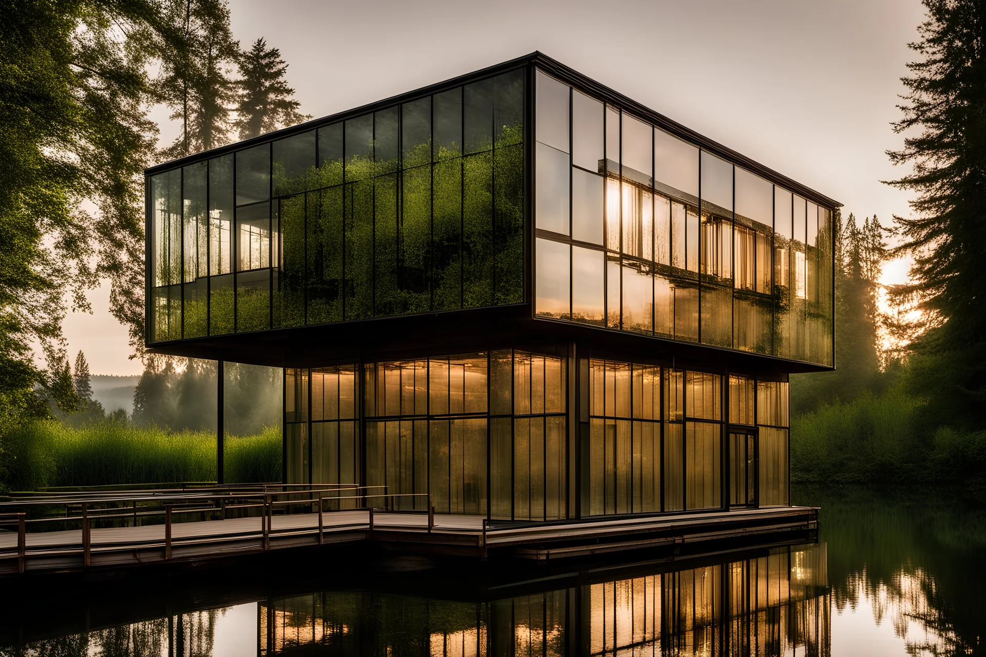 Ethereal wood and glass sructure that is half submerged in the lake, rising up, repurposed warehouse, offices and art studios, at sunrise, high contrast, inside the warehouse are square modular offices and agritecture of green plants, midcentury modern minimal, suspended over a serene body of water in Oregon, showcasing the innovative architectural style of Renzo Piano, captured by Hiroshi Sugimoto, professional architecture plan --ar 16