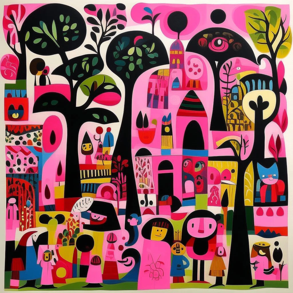 A pink magical woolly land designed in Maori sculptures painted by Stuart Davis