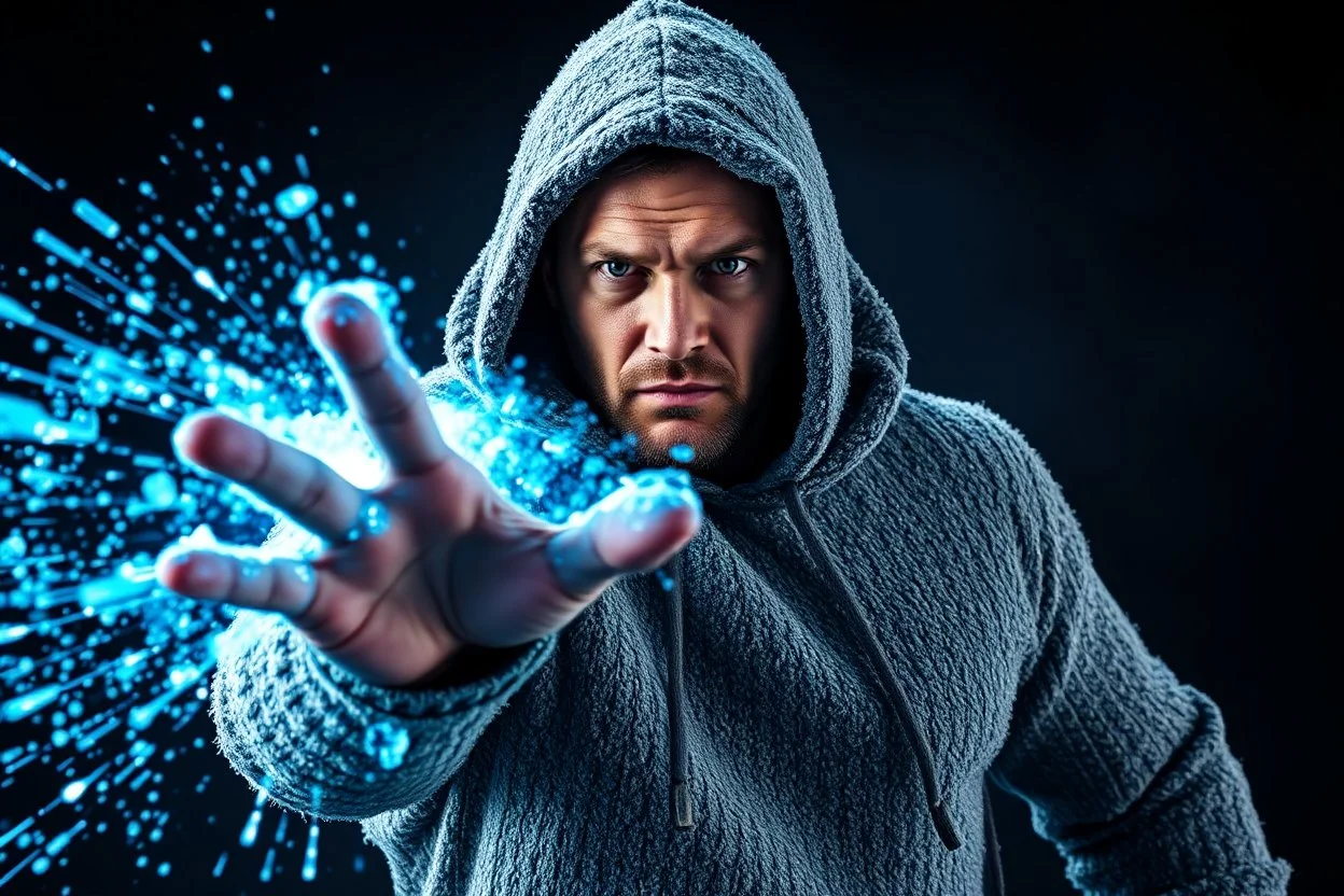 A powerful man wearing a frost-covered, textured hoodie stands against a dark cinematic background. His hand is extended forward, unleashing a burst of icy energy with glowing blue particles exploding outward in all directions. Sharp ice shards and dynamic light streaks enhance the sense of motion and impact. His expression is intense and focused, illuminated by cool blue highlights reflecting off the frozen texture of his hoodie. Hyper-realistic lighting, high-contrast atmosphere, frosty partic
