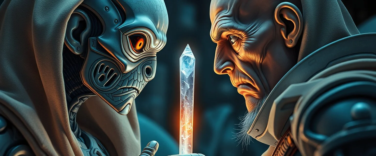 family photo, Close-up confrontation between an ancient alien outcast leader synth and a space broker, standing only a meter apart, intense eye contact, glowing crystalline rod between them, anger mixed with sadness, dramatic facial expressions, shallow depth of field, cinematic lighting, stylized 3D anime, airbrush painting, crisp outlines, escher , rembrandt and hr giger