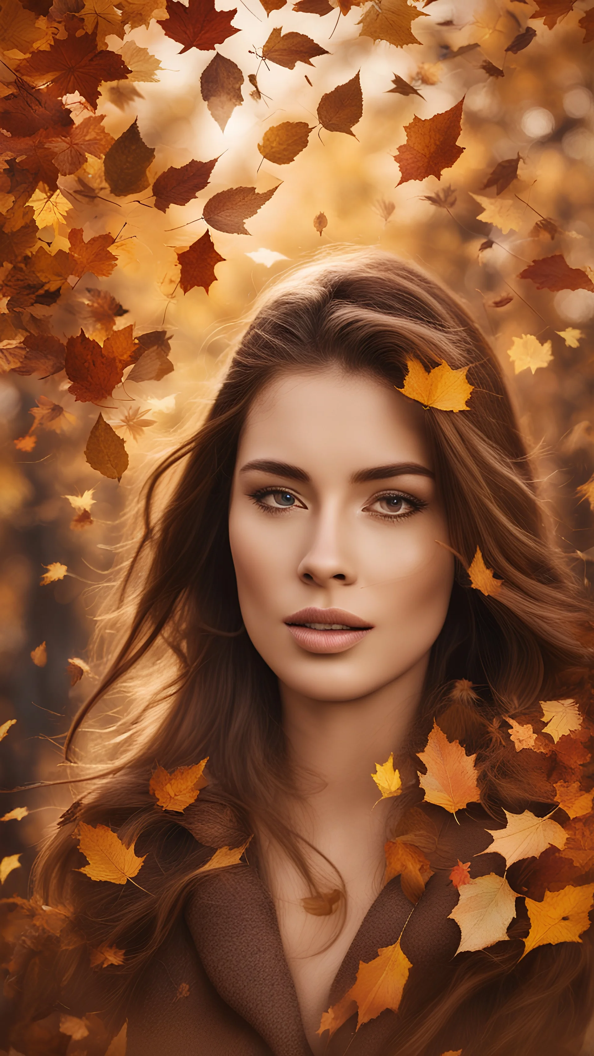 a woman surrounded by falling autumn leaves, capturing the essence of seasonal beauty. Emphasize the warm, earthy tones and the play of light as it filters through the falling foliage