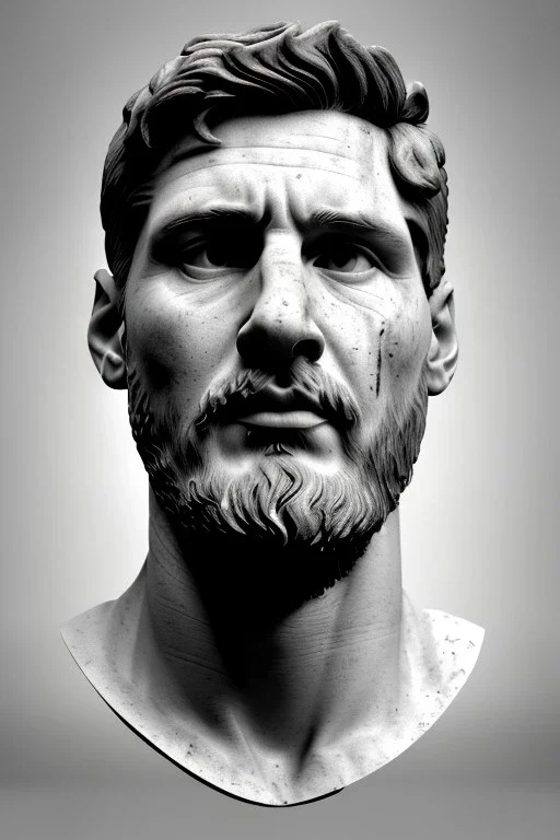 Ultra Realistic image, roman sculpture, white marble material, Lionel Messi, Laurel leaves wreath, miguel angel style, chisel style, emperador, waist up portrait, ultra hd, perfect texture, epic, celestial, cinematic lighting, God light, god rays, 4k resolution, smooth details, ornate details, soft lighting, unreal engine 5, low relief, marble background.