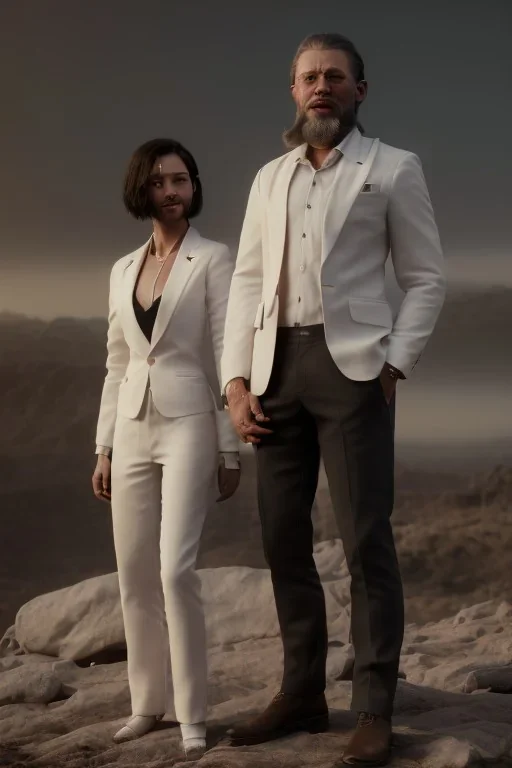 8K, a Highly detailed stunning image of Dom man with a submissive woman, white suit, beard, and short hair,