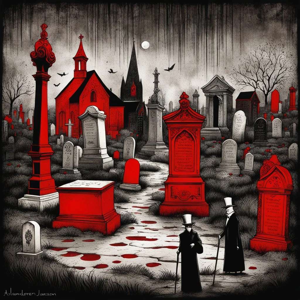 Ink illustration by Alexander Jansson, inspired by the unsettling symbolism of Santiago Caruso and Edward Gorey, depicting popular culture miasma, voracious cemetery of consumerism, sentient headstones, red and black dual color, line art punctuating the grim narrative, De stijl aesthetic, detailed sketch, chilling motifs, dramatic, textured surface, ominous representation, unsettling offbeat pop critique.