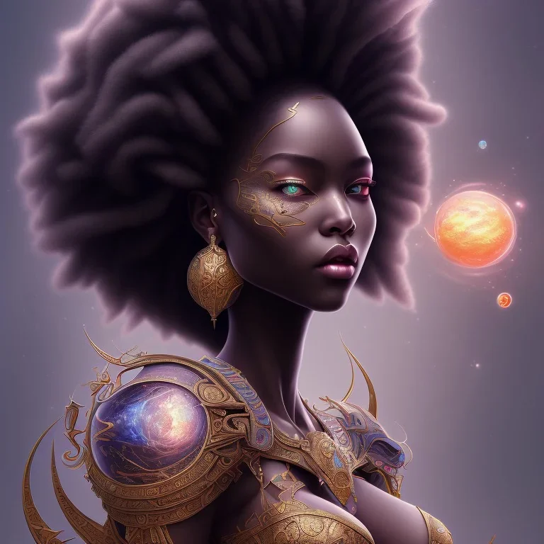 sango fantasy, fantasy magic, intricate, sharp focus, illustration, highly detailed, digital painting, concept art, matte, masterpiece head sexy view black African beauty black afro hair space lady beige carp skin African space night