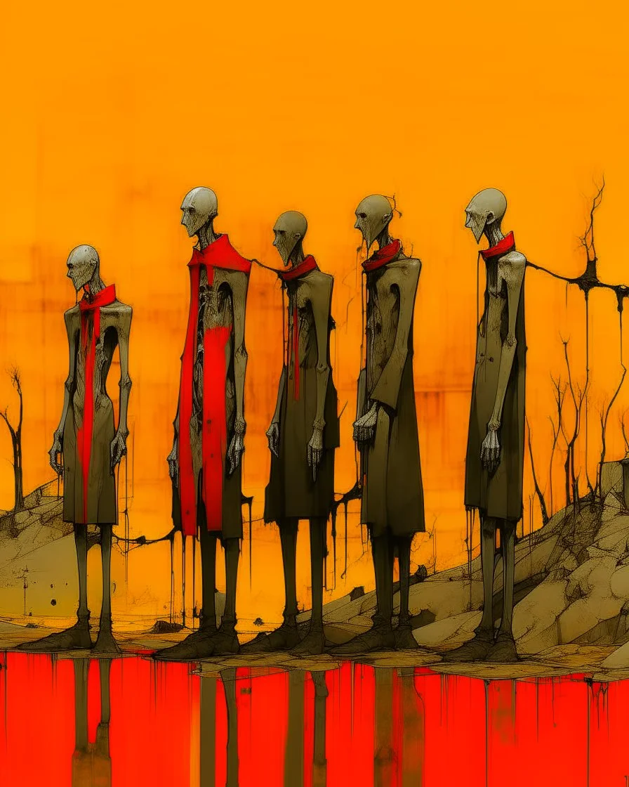 long-legged surreal lean black-grey figures with ribbon-shaped heads in overcoat, profile, semi-silhouettes among ramshackle ruins in a barren landscape of red, yellow, black and beige colors, intricate acrylic painting